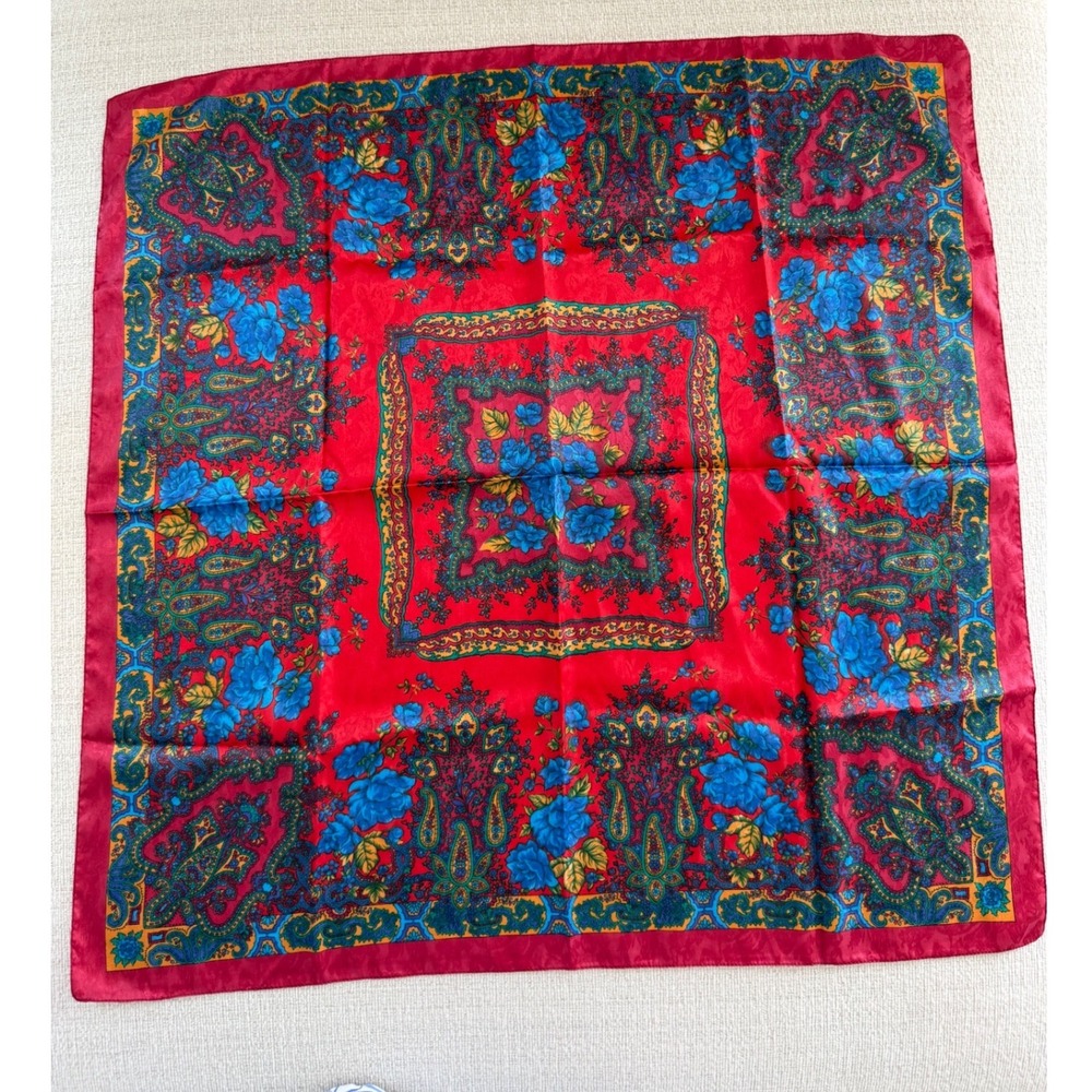 Vintage Square Scarf Red Blue Floral Paisley Challis Retro Cottagecore Boho